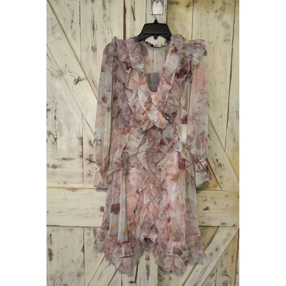 Beulah Romantic Ruffle Floral Chiffon Dress Pink Mauve Sheer Long Sleeve Size 14